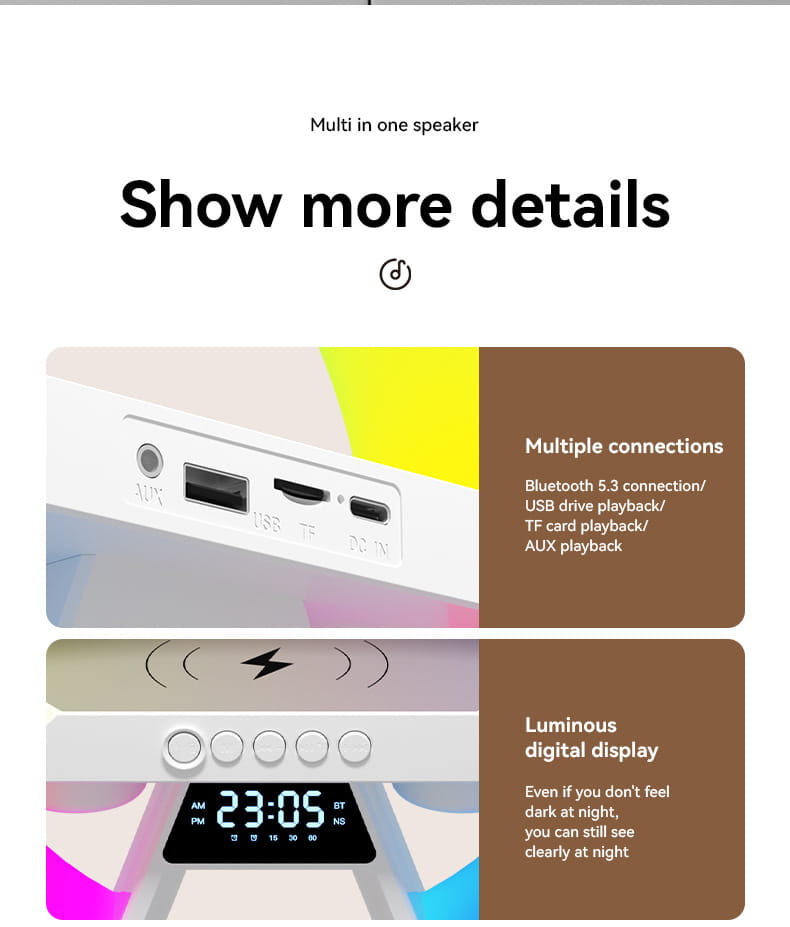 Colorful LED Clock Lamp with Wireless Charging Bluetooth Speake_Features