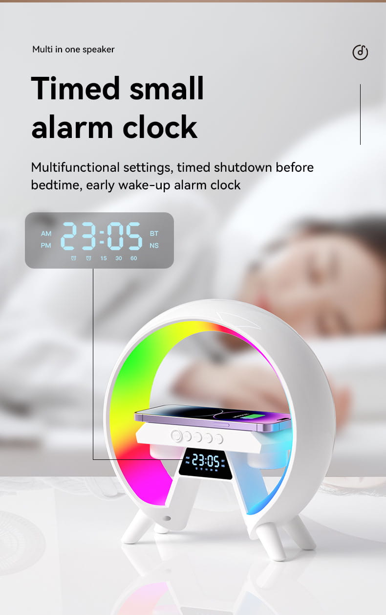Colorful LED Clock Lamp with Wireless Charging Bluetooth Speake_Features